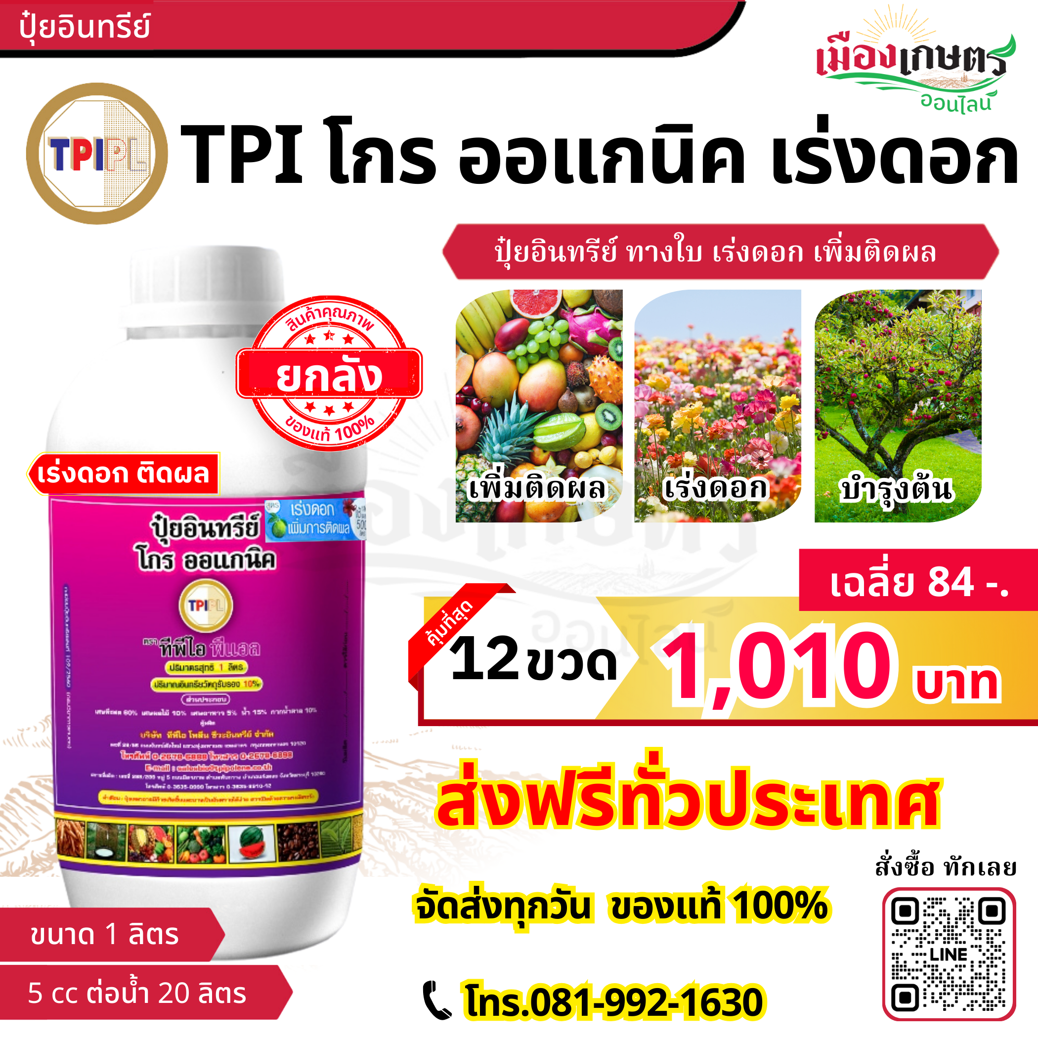 (ยกลัง) TPI ปุ๋ยม่วง โกรออแกนิก 1 ลิตร เร่งดอก X12